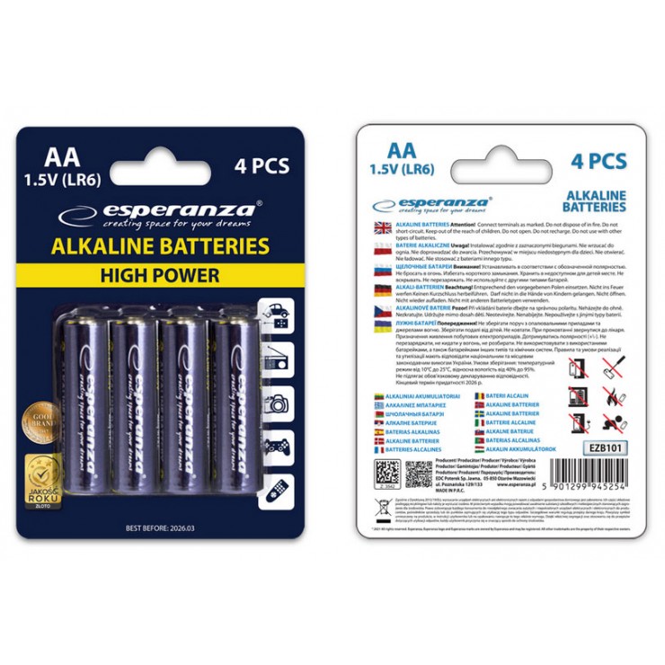 Baterii Alkaline Esperanza  AA, LR6, 1.5V (4 buc.)