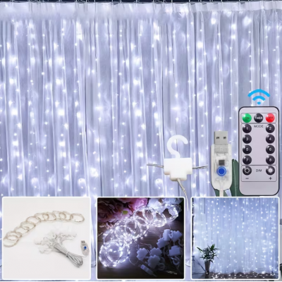 Гирлянда штора, 300 ламп, 3x3 м, холодный свет, usb