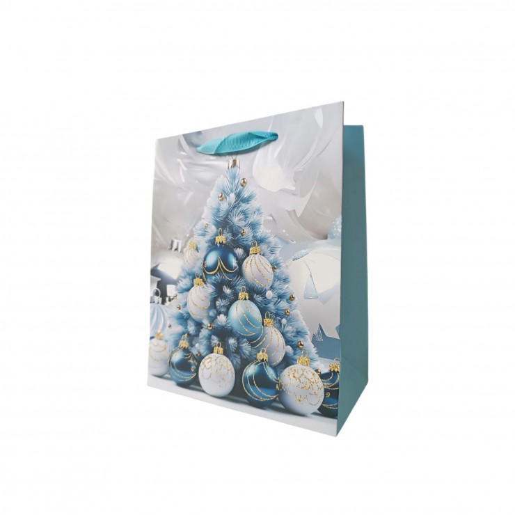 Пакет подарочный, картон, новогодние игрушки, синий, 23х18х10 см