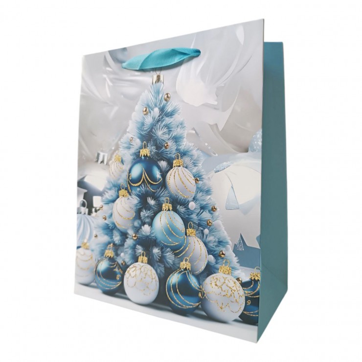Пакет подарочный, картон, новогодние игрушки, синий, 40х30х12 см